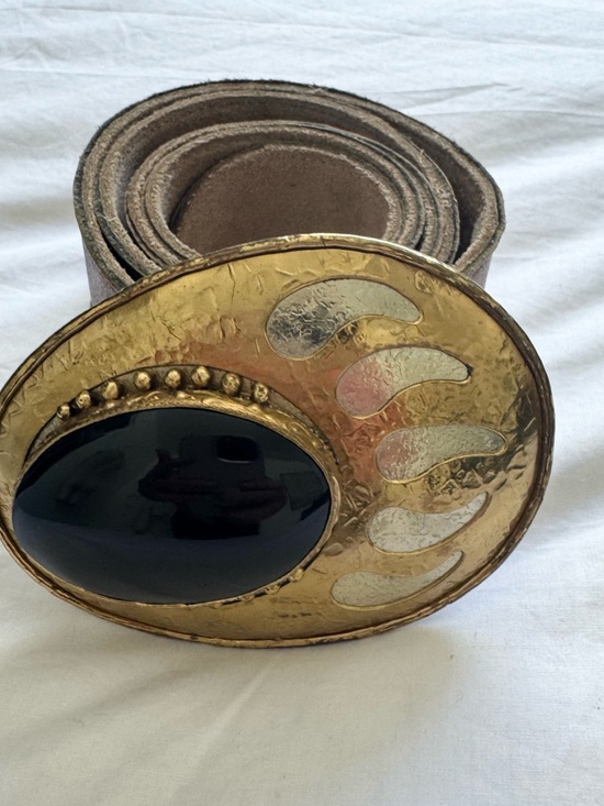 TEXICO HENCHO EN MEXICO 70S 80S HAMMERED BRASS BLACK ONYX SOUTHWESTERN BELT